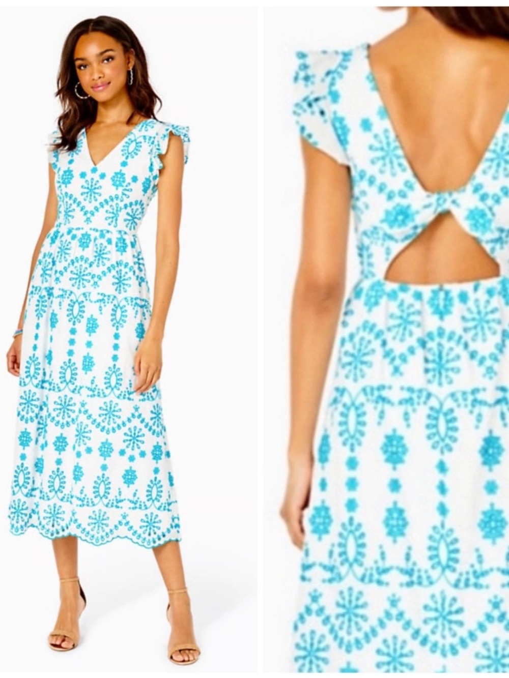 Lilly Pulitzer embroidered scalloped bottom, ruffle sleeve mid maxi dress size 0